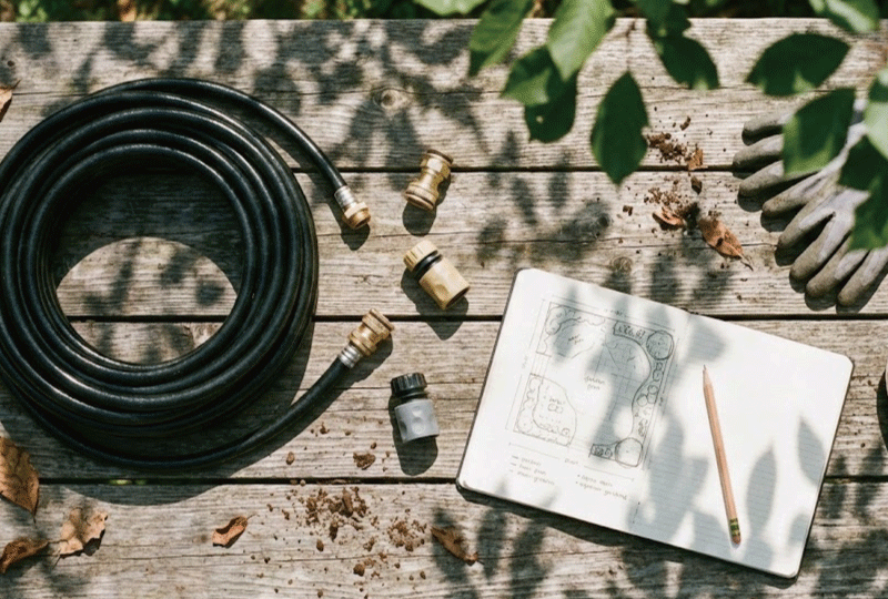  木製のテーブルの上に並べられた、スプリンクラー設置用のホースやコネクターなどのDIY道具一式。