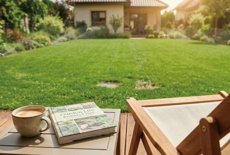 ウッドデッキでコーヒーを飲みながら、自動散水で青々と育った庭を眺めるリラックスした時間。