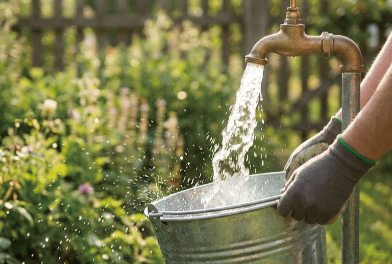 庭の水道からバケツに勢いよく水を注ぎ、水量をチェックしている様子。