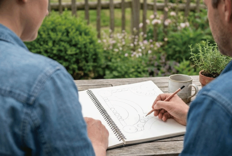 庭のテーブルでノートを広げ、スプリンクラーの配置や配管ルートを計画して描いている手元。