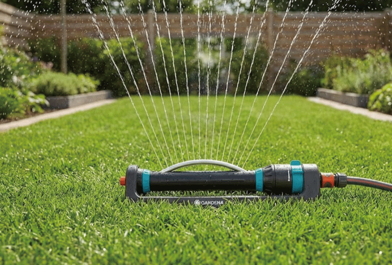 長方形の庭の芝生の上に設置された、首振り式のオシレートスプリンクラー。