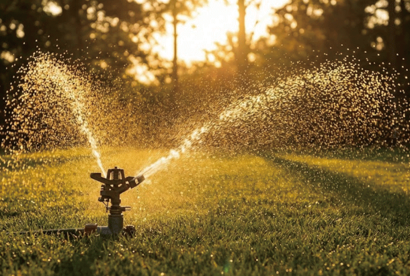 夕日を受けて黄金色に輝きながら、効率よく芝生に水を撒くスプリンクラーの水流。