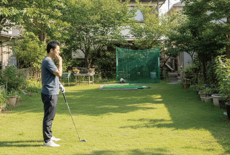 明るく親しみやすい写真スタイル、日本の戸建て住宅の庭、芝生の庭でゴルフクラブを持ち少し考え込む30〜40代男性、練習ネットとマットが奥に見える、自然光、生活感のある庭、リアル写真、