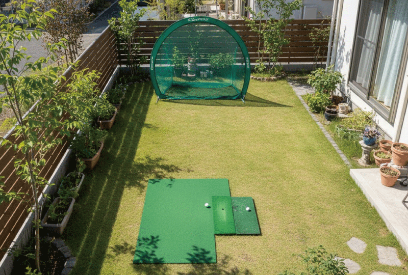 明るく親しみやすい写真スタイル、日本の住宅の庭、ゴルフマットとネットの配置が分かる上から斜めの構図、スペース感が伝わる、リアル写真