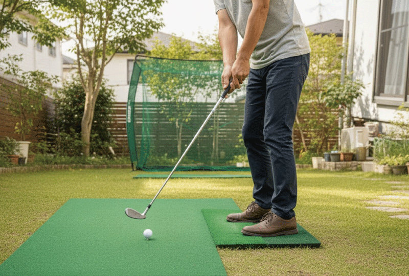 明るく親しみやすい写真スタイル、庭に敷かれたゴルフ練習マット、クラブが当たる瞬間、足元が安定している様子、リアル写真
