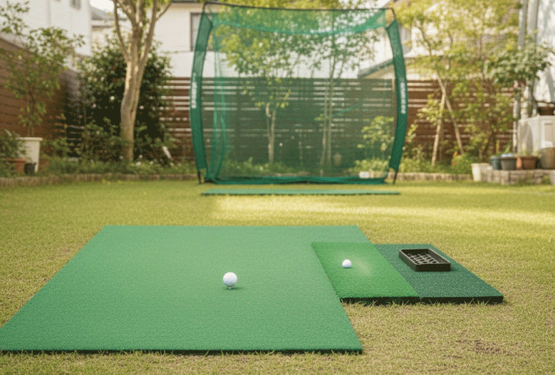 明るく親しみやすい写真スタイル、庭のゴルフ練習マットの下に防振材が敷かれている様子、静音対策が視覚的に分かる、リアル写真