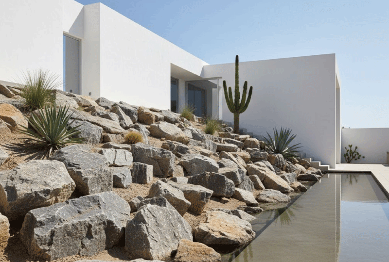 白いミニマルな住宅の直線的なデザインと、荒々しい石の造形が美しく調和した庭の景色。