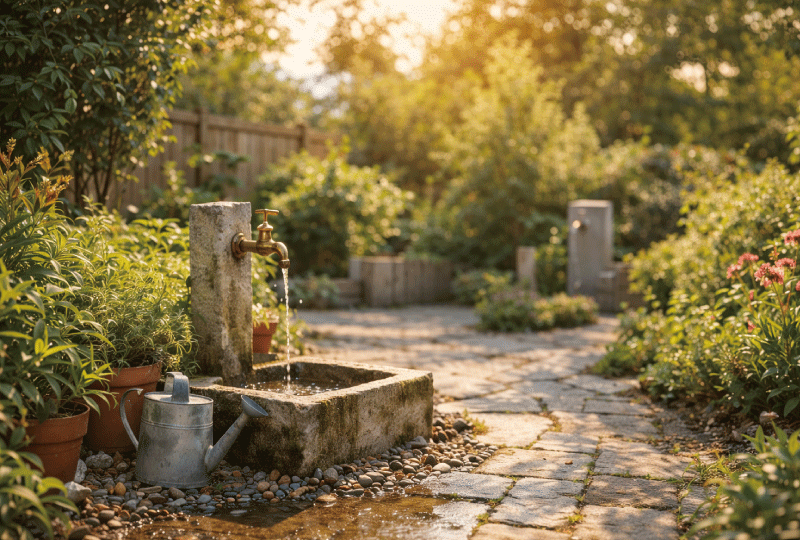 長く使われることを想像させる穏やかな庭と屋外水道の風景