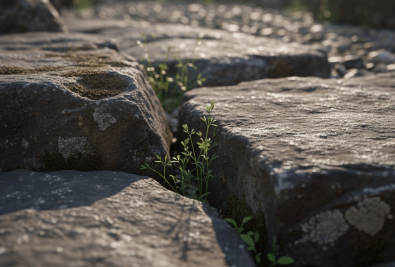 石と石のわずかな隙間から雑草が顔を出している、リアルなメンテナンスの様子を捉えたロックガーデンの近景。