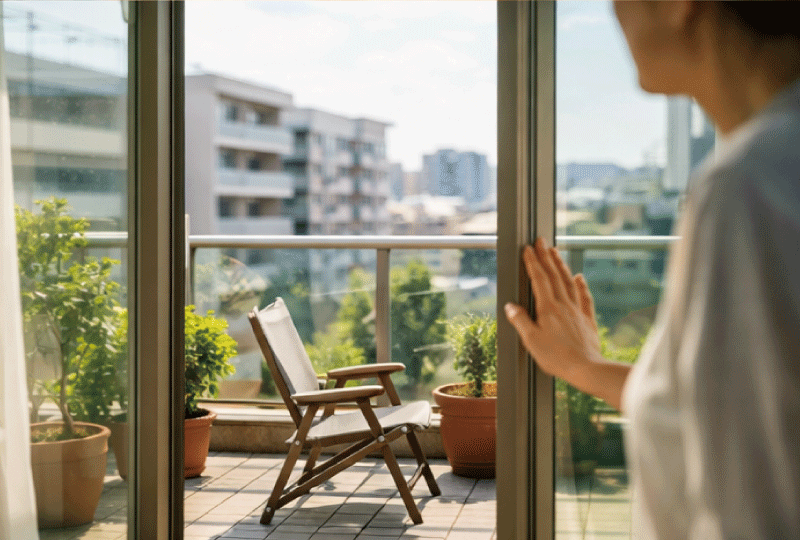 マンションの室内からベランダを見て、屋外で火を使わないよう気をつけている様子の写真。