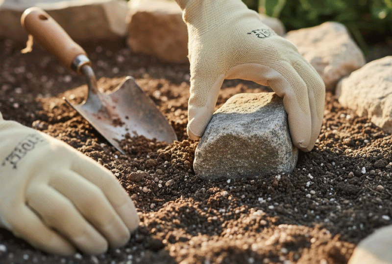 ガーデニンググローブをはめた手で、庭の土にゆっくりと石を据え付けているDIYの作業風景。