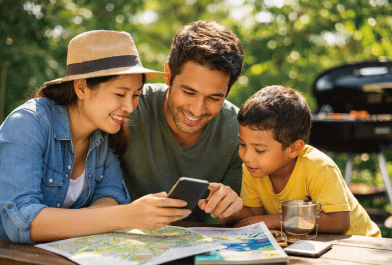 晴れた庭で家族がバーベキューの準備をしながらスマホで予定を確認している写真。