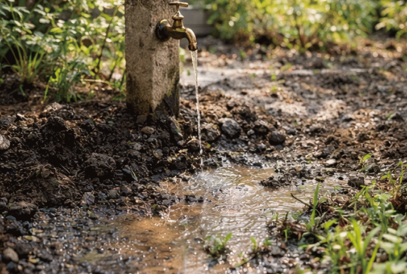 庭の水道まわりで水はけが悪くなっている様子