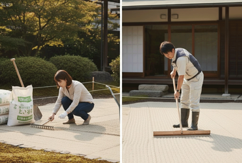 明るく親しみやすい写真スタイル。日本の住宅の庭で、左側は住人がDIYで砂を敷いている様子、右側は作業服の職人が整地している様子が1枚の写真内で分かる構図。リアルな写真、比較が直感的に伝わる。