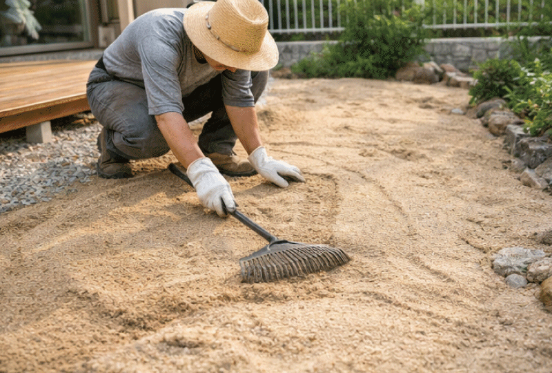 画像生成プロンプト 明るく親しみやすい写真スタイル。日本の戸建て住宅の庭。砂を敷いた庭と植栽スペースを前に、少し考え込むように立つ住人。庭全体が見渡せる構図で、計画や判断をイメージさせる雰囲気。自然光、柔らかい日差し、リアルな写真表現。16:9の横長構図。