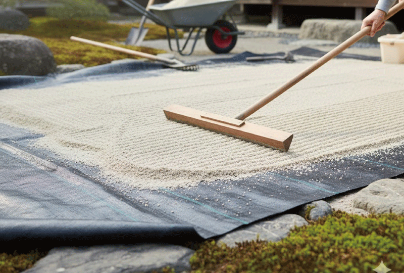 明るく親しみやすい写真スタイル。日本の住宅の庭で、防草シートの上に砂を敷いている施工途中の様子。シートが一部見えつつ、上から砂を均している場面。リアルな写真、作業の流れが分かる構図。