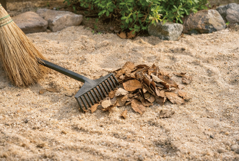明るく親しみやすい写真スタイル。1枚の写真内でメリットとデメリットが伝わる構図。雨上がりで水はけの良い砂の庭と、玄関付近に靴裏の砂が付いている様子が同時に写る。日本の戸建て住宅の庭、リアルな写真、自然光