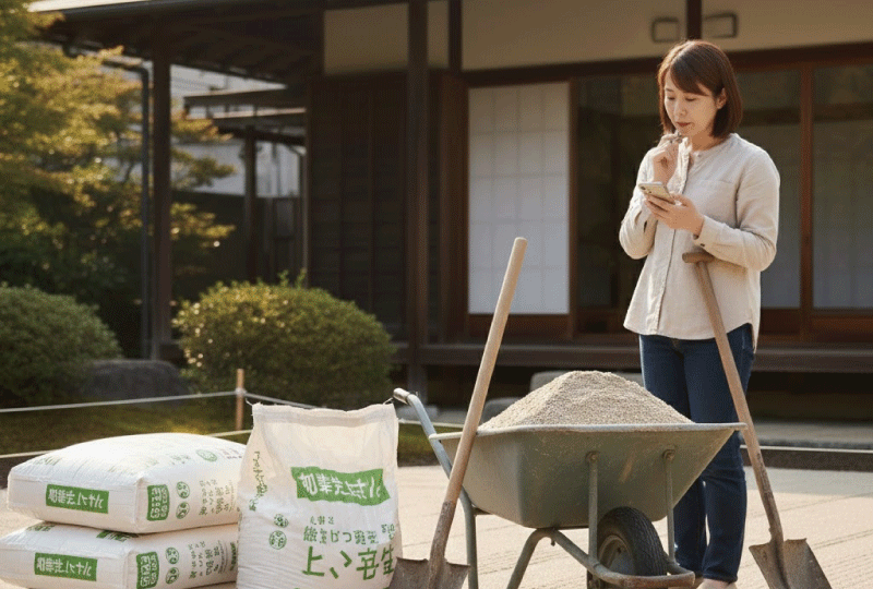 明るく親しみやすい写真スタイル。日本の住宅の庭で、砂の袋や一輪車、スコップが並び、費用や作業量をイメージできる構図。家の外構と庭が背景に見える。リアルな写真、自然光