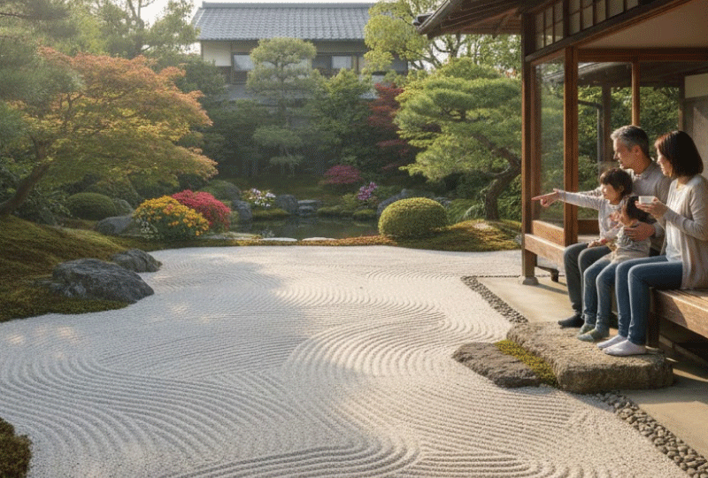 明るく親しみやすい写真スタイル。日本の住宅の庭で、家族や住人がリラックスして庭を眺めている様子。砂の庭と植栽がバランスよく配置され、暮らしに馴染んでいる雰囲気。リアルな写真、自然光。