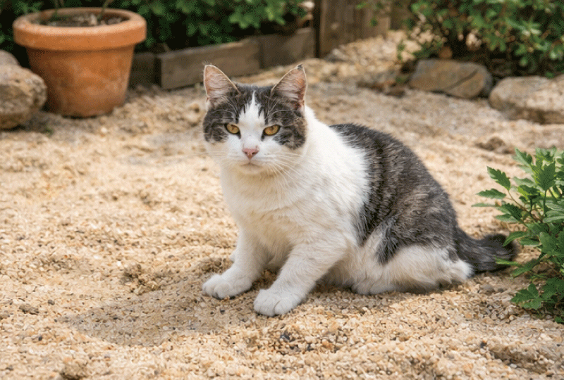 明るく親しみやすい写真スタイル。日本の住宅の庭に、砂の通路と砂利の通路が並んで配置されている。人物が両方を歩いて質感の違いが分かる構図。リアルな写真、分かりやすい比較、