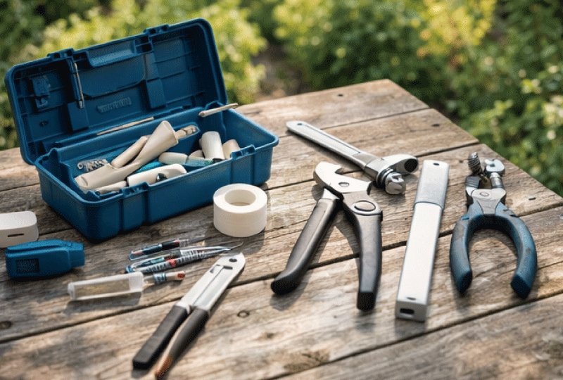 庭で使うDIY工具が屋外テーブルに整えて置かれている様子