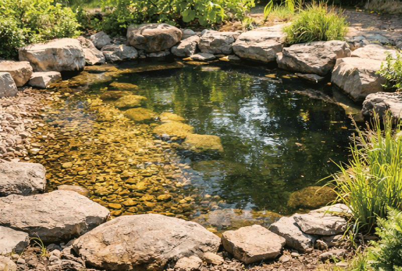浅瀬と深さの違いが分かる、透明感のある庭池の構造