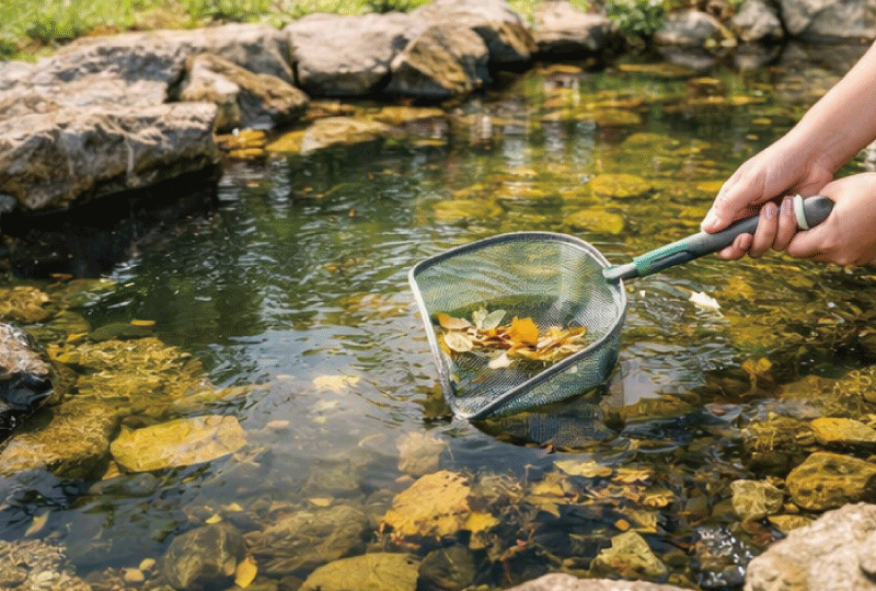 庭池の水面に浮いた落ち葉を手入れしている様子