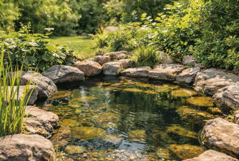 季節の変化に対応した落ち着いた庭池の様子