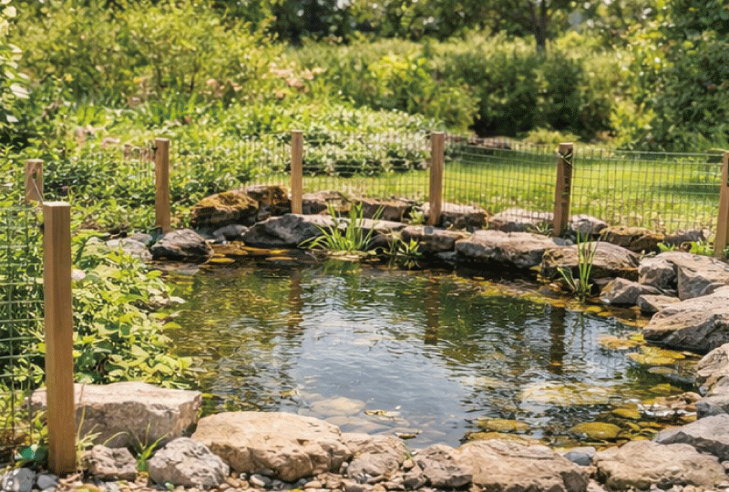 安全に配慮された設計の庭池と周囲の落ち着いた庭空間