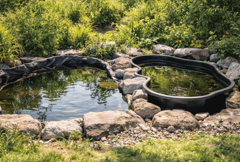 素材の違いが分かる二種類の庭池を並べた様子