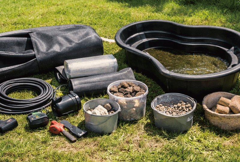庭池づくりに使われる道具や資材が並べられた庭の風景