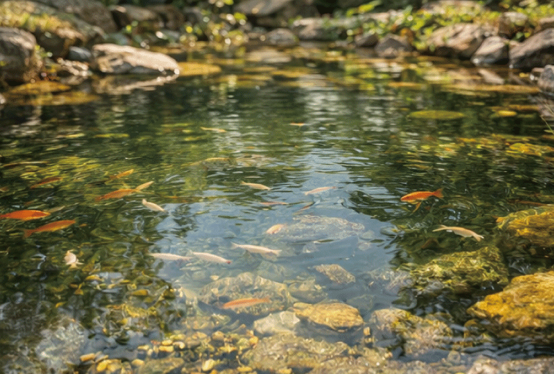 透明な水の中を泳ぐ小魚が見える庭の池