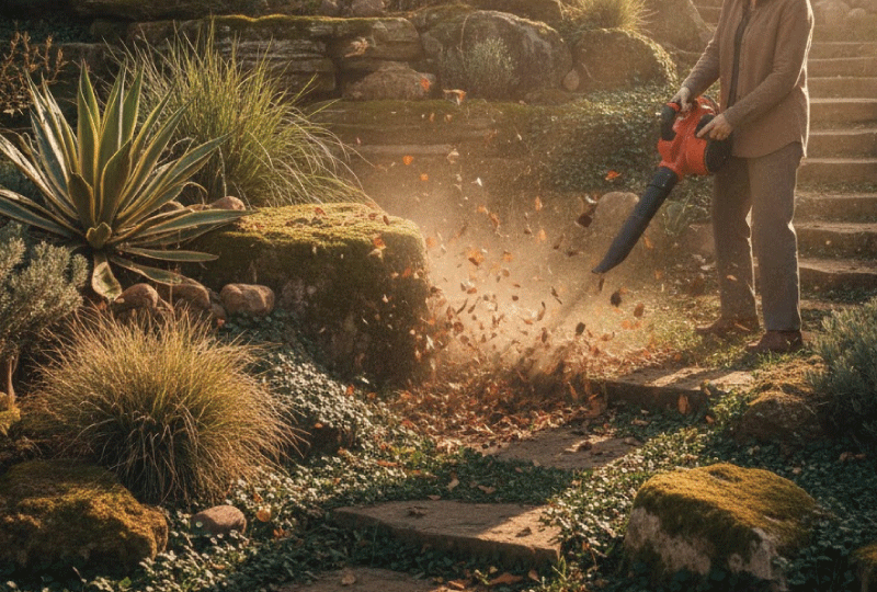 数年が経過し植物が石に馴染んだ美しい庭で、ブロワーを使って落ち葉を掃除している様子。