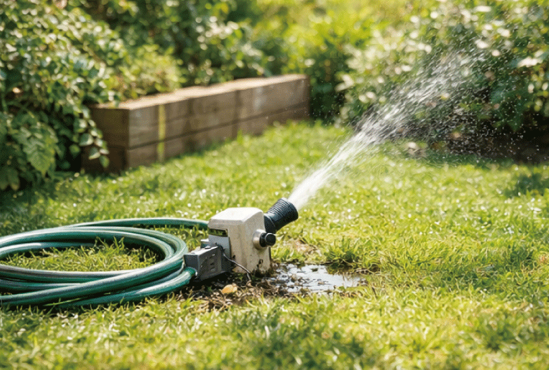 庭で散水栓からホースを使って水やりをしている様子