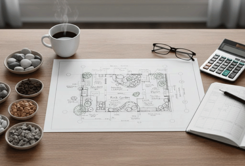 庭の設計図や石のサンプルを前に、予算やコストを計画しているプロフェッショナルなデスクの様子。