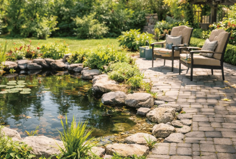 暮らしの一部として自然に馴染んだ庭の池の風景