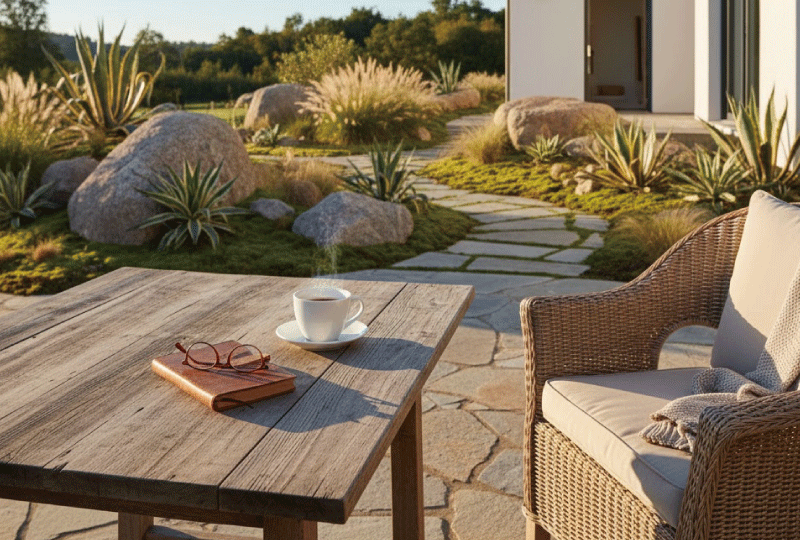 完成したロックガーデンを眺めながら、ゆったりとコーヒーを楽しめる穏やかな朝のテラス。