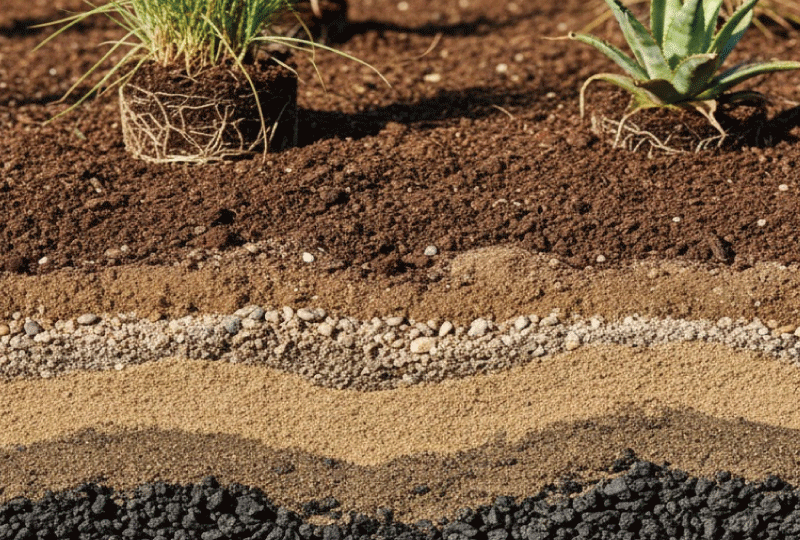 植物が健やかに育つよう、砂利や砂を層にして水はけを改良した庭の土壌の断面。