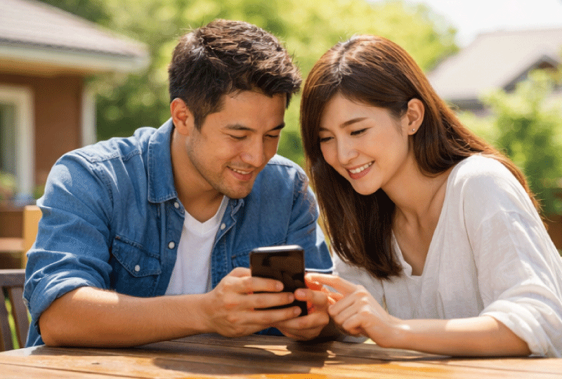 庭のテーブルで二人がスマホを見ながら屋外で火を使う注意点を確認している写真。