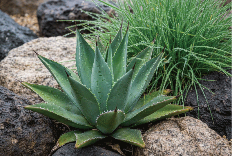 雨上がりでしっとりと濡れ、美しく生き生きとした葉を見せるアガベなどの湿気に強い植物。