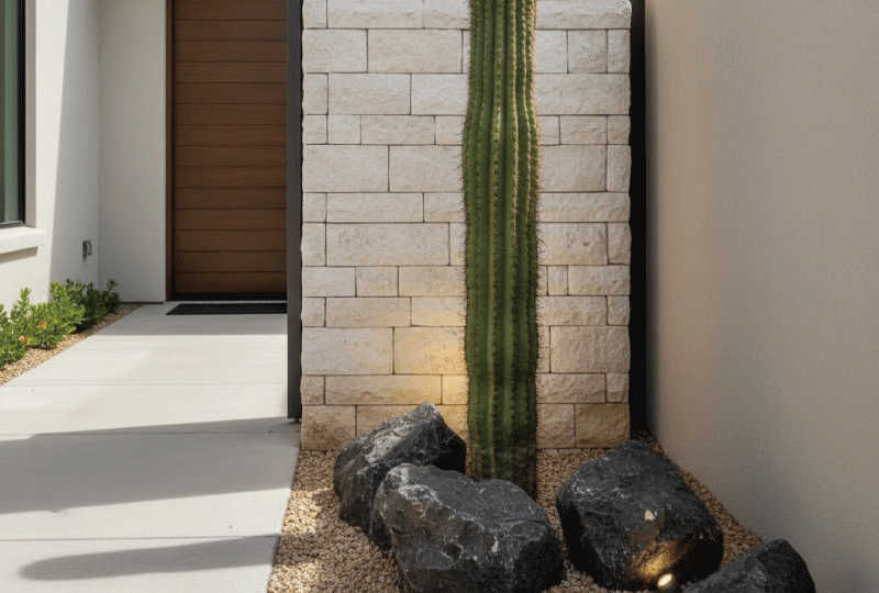 白いミニマルな住宅の直線的なデザインと、荒々しい石の造形が美しく調和した庭の景色。