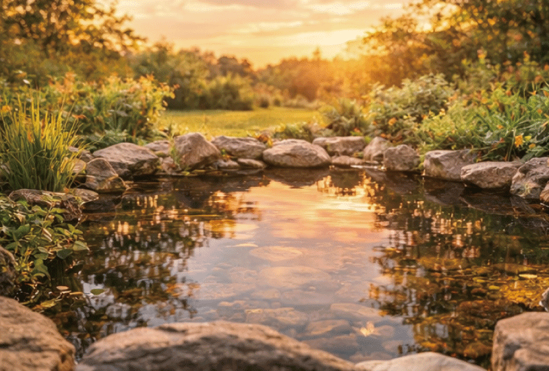 日常の中で長く楽しめる穏やかな庭池の夕景