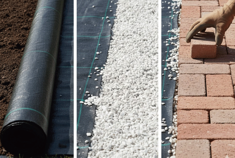 地面に黒い防草シートを敷き、その上に白い砂利とレンガを配置して雑草対策を行っている様子。