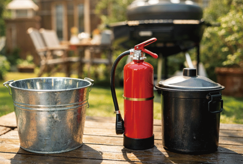 庭のバーベキュー場所に水のバケツと消火器が用意されている写真。