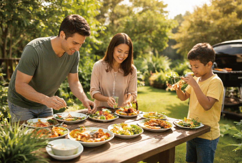 午後の庭で少人数が静かにバーベキューの準備をしている写真。