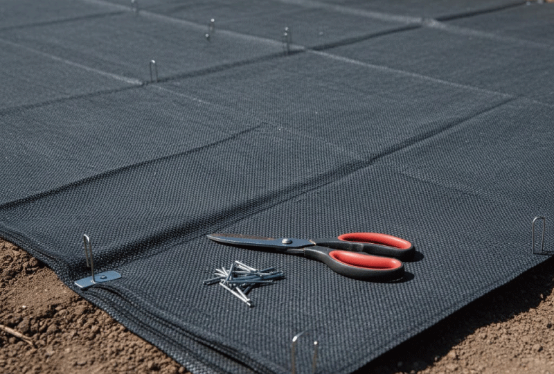 石を敷く前の地面に、隙間なく丁寧に敷き詰められた高品質な防草シート。