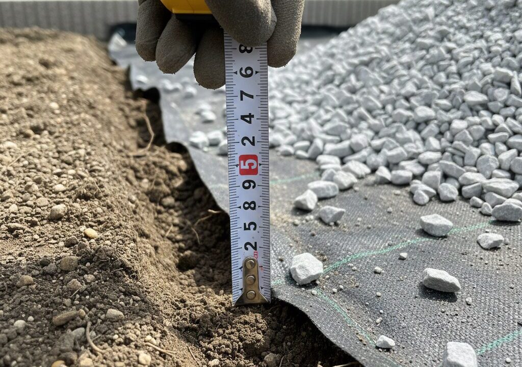 砕石を敷くために、メジャーを使って地面の深さを正確に測っている手元の様子。