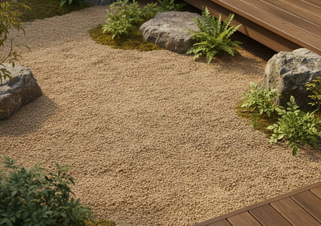 年月が経っても汚れが目立ちにくい、植物やウッドデッキに馴染んだサビ色の砕石。