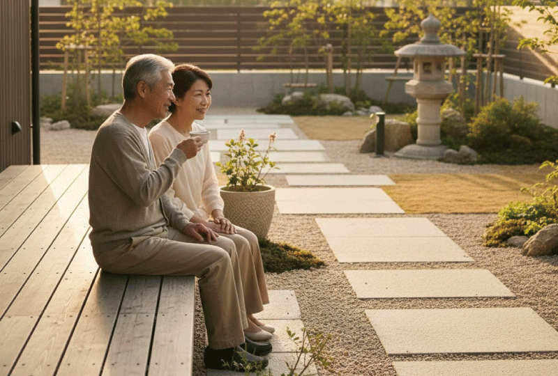 手入れが行き届いたシンプルな庭のウッドデッキで、年配の日本人夫婦がお茶を飲みながらくつろいでいる穏やかな様子。