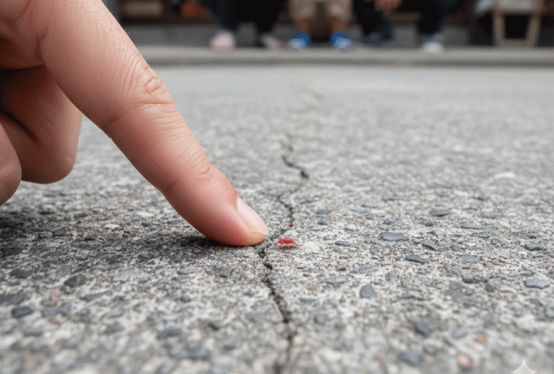 玄関先のコンクリートの地面にいる小さな赤い虫を、日本人が指で指し示して確認しているクローズアップ写真。